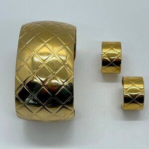 Quilted Gold-Tone Cuff Bracelet & Earrings Set Vintage Style Jewelry
